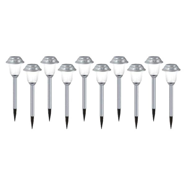 Hampton Bay Brushed Nickel Integrated LED Outdoor Solar Landscape Path Light with Ribbed Glass Lens (10-Pack)