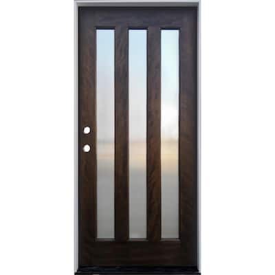 36 in. x 80 in. Espresso Right-Hand Inswing 3-Lite with Reed Glass Mahogany Prehung Front Door with 6-9/16 in. Jamb