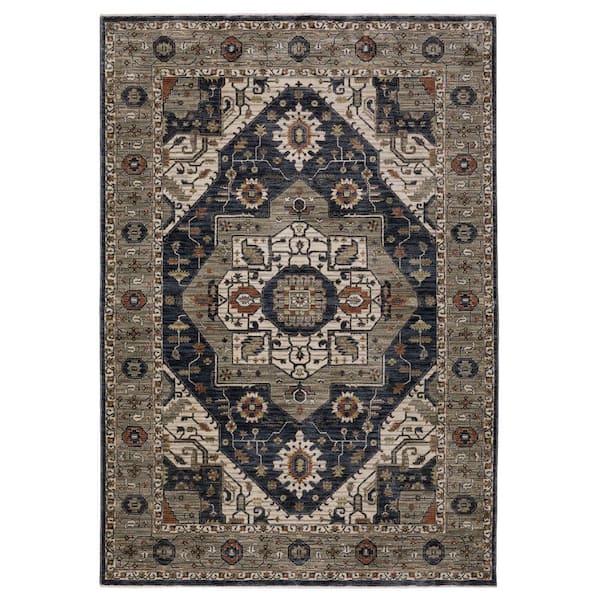 Elanor Brown/Blue 10 ft. x 13 ft. Classic Oriental Medallion Distressed Polyester Fringe-Edge Indoor Area Rug