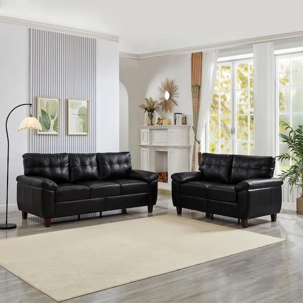Caldane Modern 79 in. Pillow Top Arms 2 Piece PU Faux Leather Upholstered Rectangle Storage Sectional Sofa in. Black