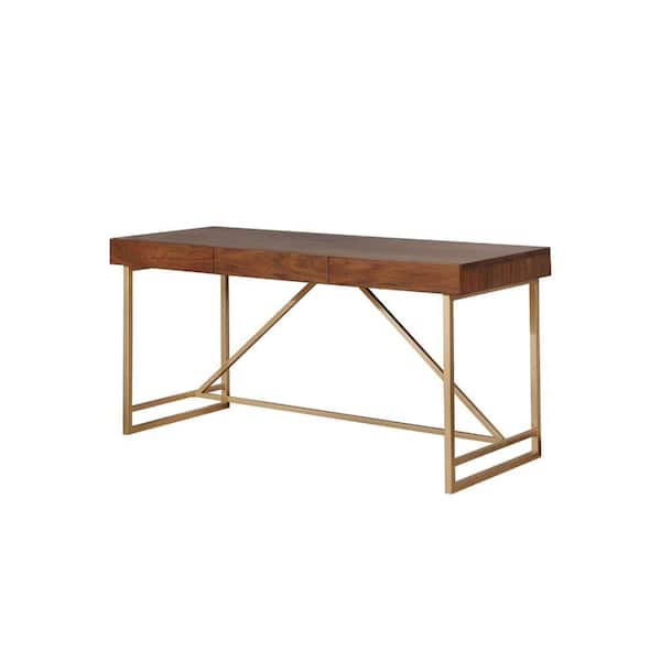Benjara Modern Style 24 in. W Rectangular Walnut Brown and Gold Wooden Writing Desk with Unique Metal Legs