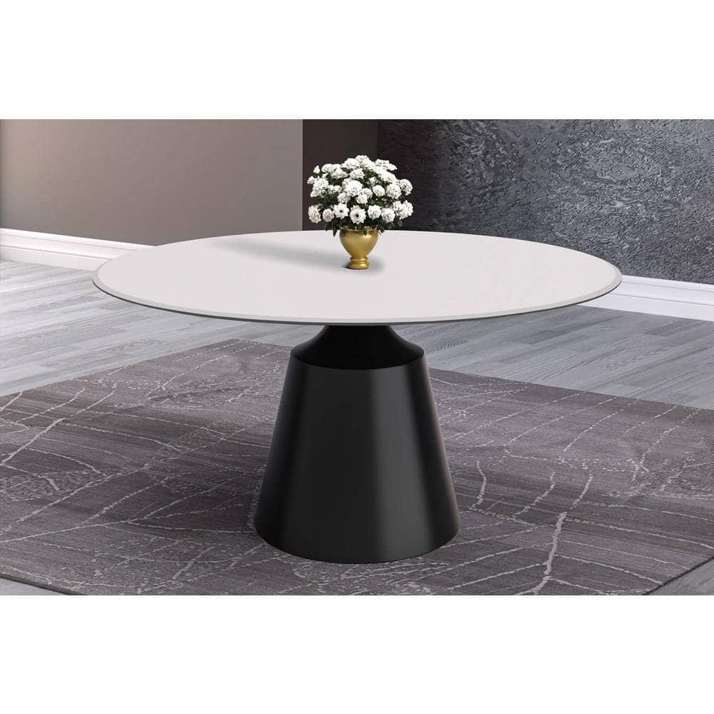 Prynn 60" Round White Glass Dining Table with Black Pedestal Base