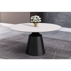 Prynn Mid-Century Modern 60 in. Round Dining Table with Sintered Stone Top and Black Pedestal Base (Solid White)