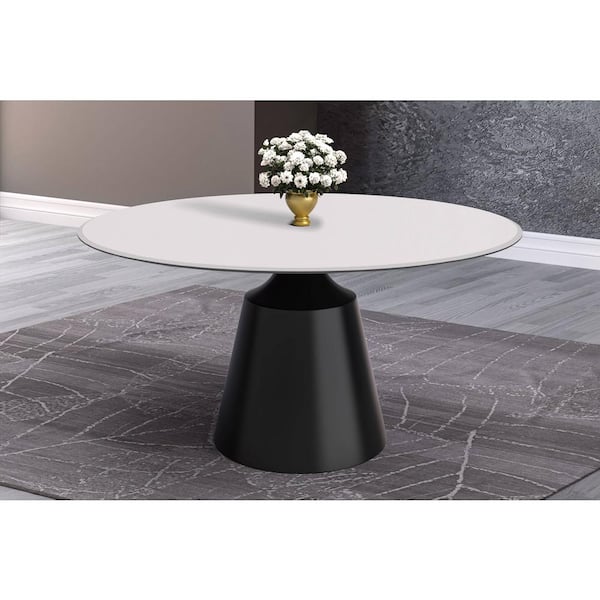 Leisuremod Prynn Mid-Century Modern 60 in. Round Dining Table with Sintered Stone Top and Black Pedestal Base (Solid White)