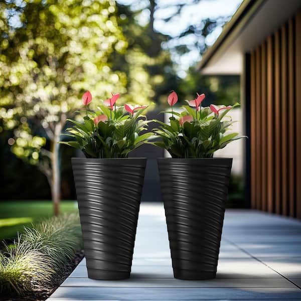 Morrava 23 in. High Large Spiral Black Plastic Round Planter / Pot with Drainage Holes (Set of 2)