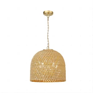 16 in. 5-Light Gold Boho Pendant Light with Rattan Wicker Shade, No Bulbs Included