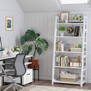56.5 in. White Wood 5-Shelf Ladder Bookcase Modern Bookshelf with 5-Tier Shelves