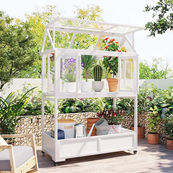 23.6 in. W x 47.2 in. D x 69.3 in. H White Wood Portable Frame Movable Wheels Greenhouse Openable Roof and Storage Box