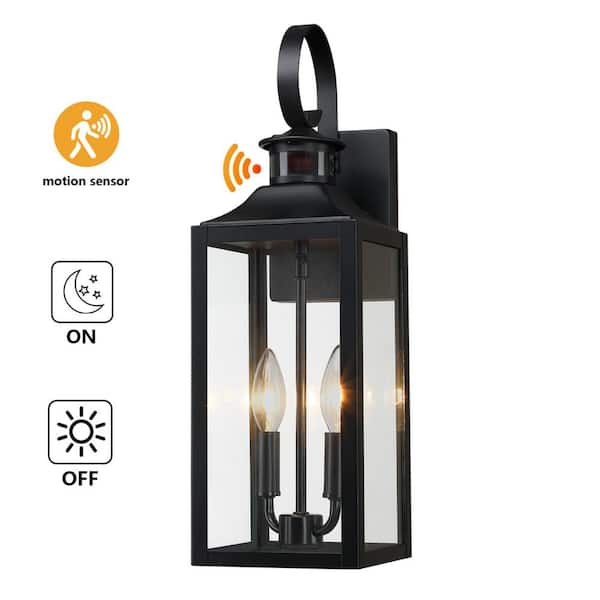 2-Light Black Motion Sensing Dusk to Dawn Outdoor Hardwired Wall Lantern Scone with Clear Glass, No Bulbs Included