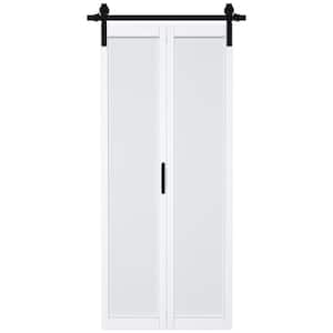 36 in. x 84 in. Paneled 1-Lite White Finished Composite MDF Bifold Sliding Barn Door with Hardware Kit