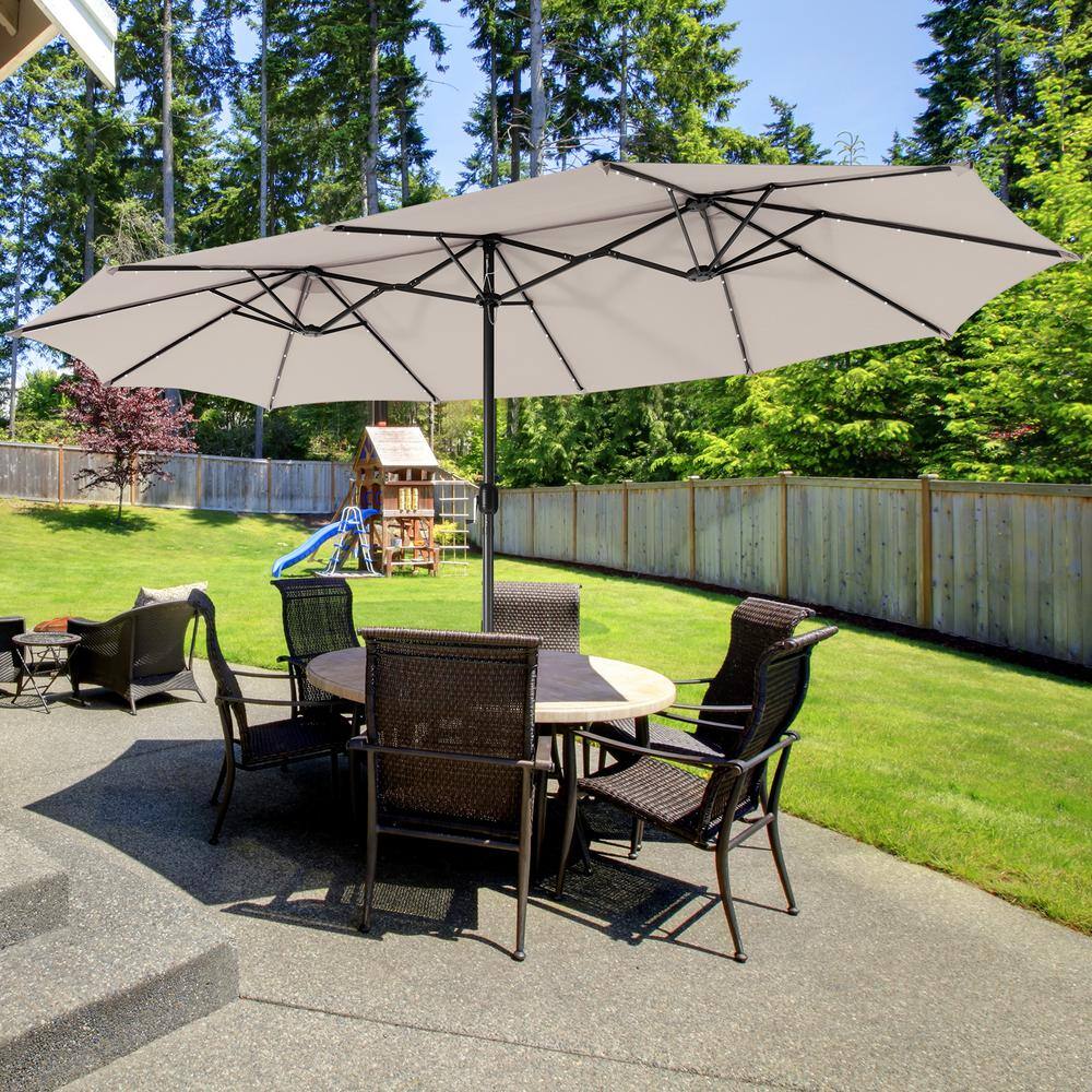 15 ft. Twin Patio Umbrella in Beige with 48 Solar LED Lights