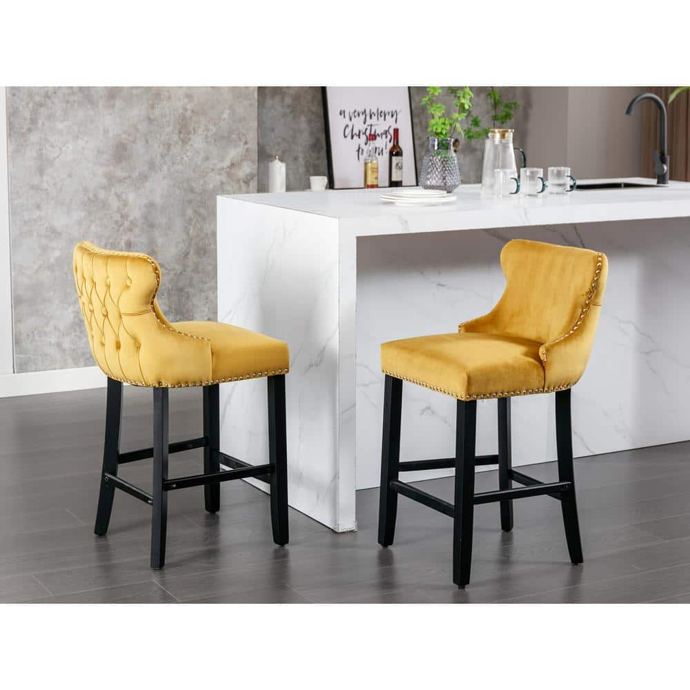 26.7 in. Gold Wing Back Wood Bar Stool Tufted Upholstered Velvet Counter Stools (Set of 2)