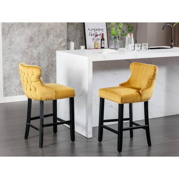CSC DECOR INC 26.7 in. Gold Wing Back Wood Bar Stool Tufted Upholstered Velvet Counter Stools (Set of 2)