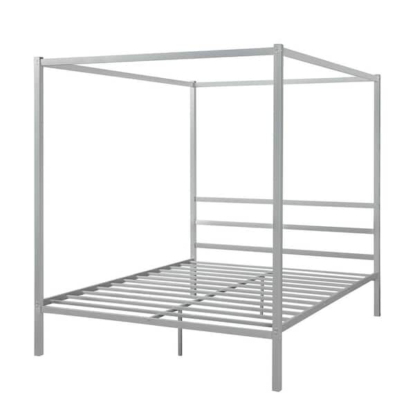 JASMODER 63 in. W Silver Queen Metal Framed Canopy Platform Bed with Built-in Headboard