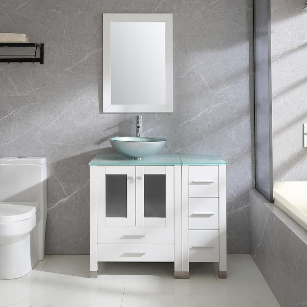 Wonline 36 in. Single Tempered Glass Round Green Sink Freestanding White Bath Vanity with Green Tempered Glass Tops and Mirror