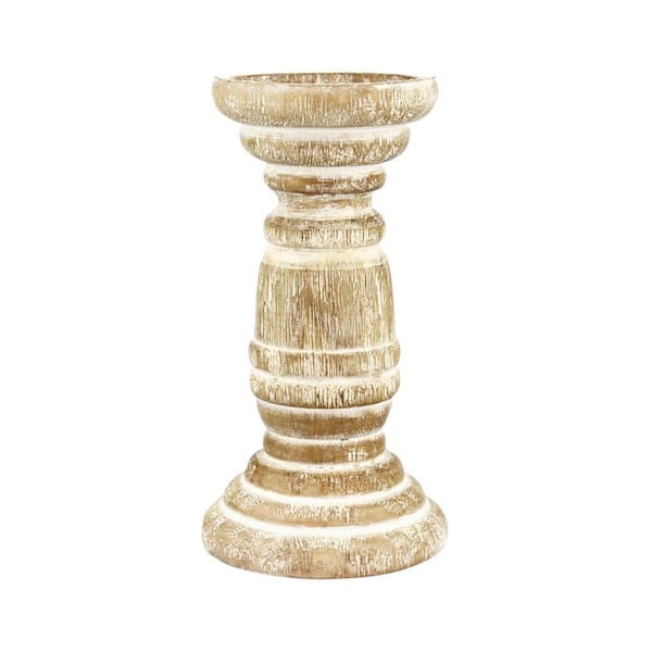 8 in. Wood Beach House Pillar Candle Holder in White