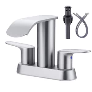 4 in. Centerset Double-Handle Waterfall Bathroom Sink Faucet Stainless Steel with Pop Up Drain Kit in Brushed Nickel