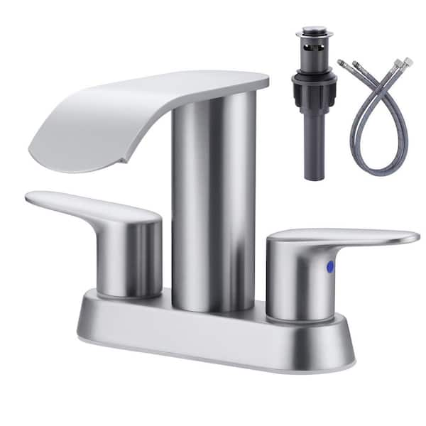 ARCORA 4 in. Centerset Double-Handle Waterfall Bathroom Sink Faucet Stainless Steel with Pop Up Drain Kit in Brushed Nickel