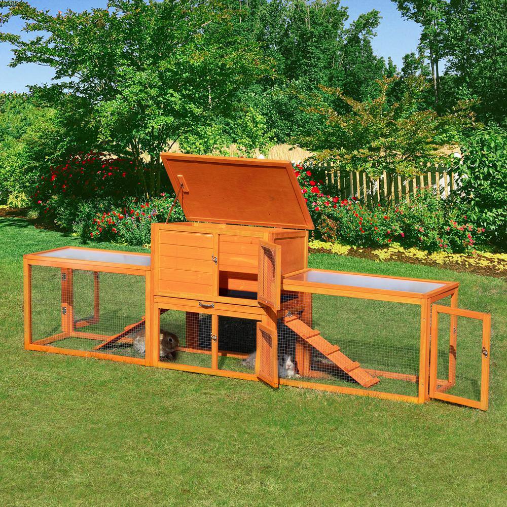 Large Orange Wood Rabbit Hutch with Ramps and Mesh Runs