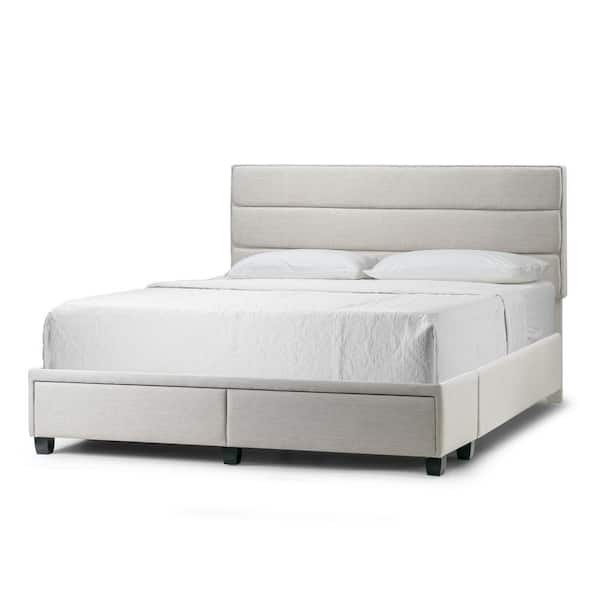 Glamour Home Arnia Beige Fabric Twin Bed Upholstered Headboard Captain's Bed with 2-Storage Drawers