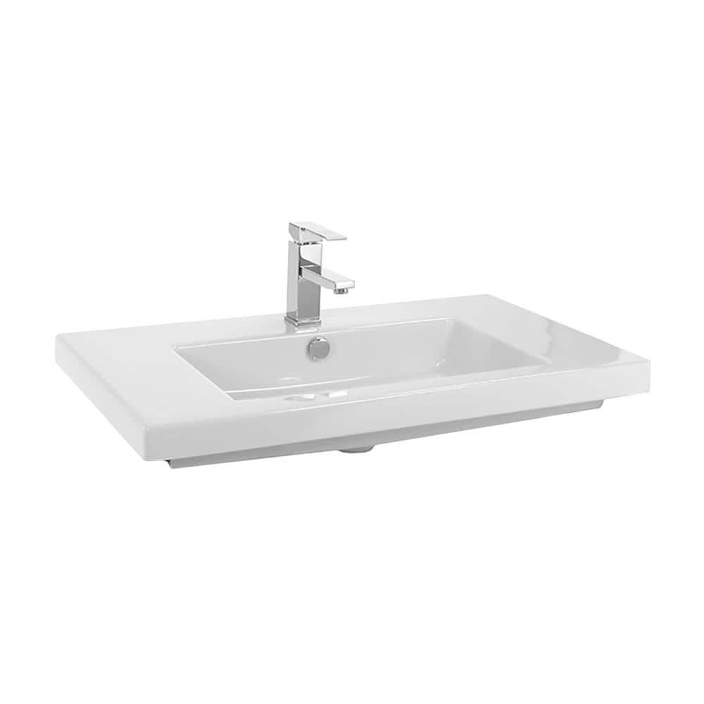 Glossy White Ceramic Rectangular Wall-Mounted Bathroom Sink
