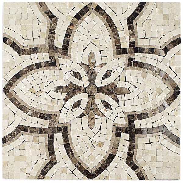Splashback Tile Garden Crema Marfil and Dark Emperador 12 in. x 12 in. x 10 mm Marble Mosaic Tile