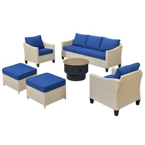 Oconee 6-Piece Wicker Outdoor Patio Conversation Sofa Seating Set with a Wood-Burning Fire Pit and Navy Blue Cushions