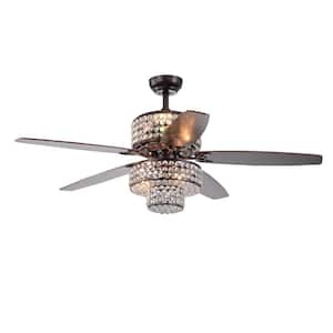 52 in. Indoor Bronze Crystal Ceiling Fan with Lights, 5 Wood Blades, Modern Fandelier Ceiling Fan with Noiseless Motor
