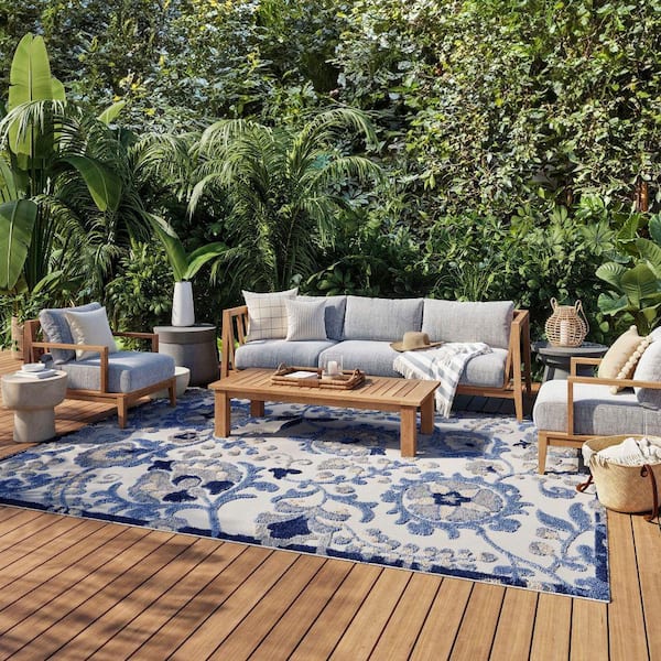 Aloha Blue/Grey 9 ft. x 12 ft. Floral Modern Indoor/Outdoor Area Rug