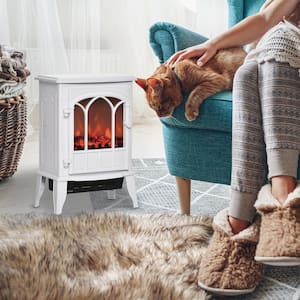 15.25 in. Freestanding Electric Fireplace Stove in White, Heater with Realistic Logs and LED Flame, Overheat Protection