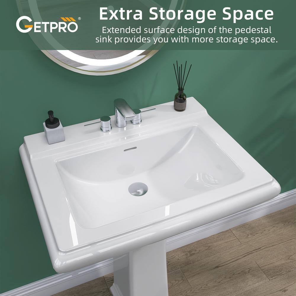 White Rectangular Ceramic Pedestal Sink with Overflow