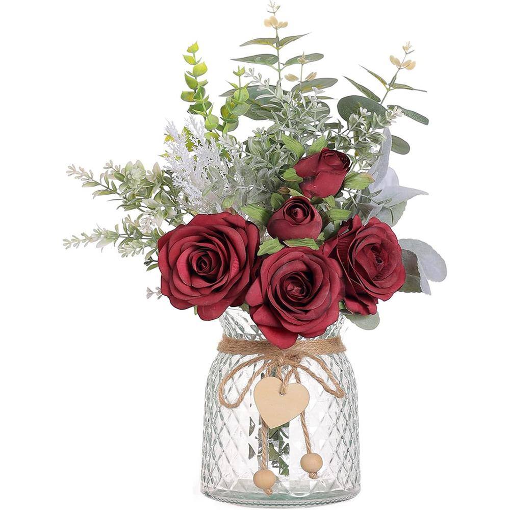 14.5 in. Burgundy Indoor Artificial Silk Roses in Clear Vase