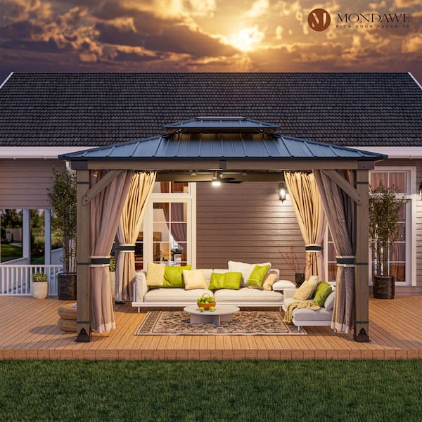 Cedarfort 10 ft. x 12 ft. Cedar Wood OutdoorHardtop Gazebo with Galvanized Steel Double Roof (w/ Netting and Curtains)