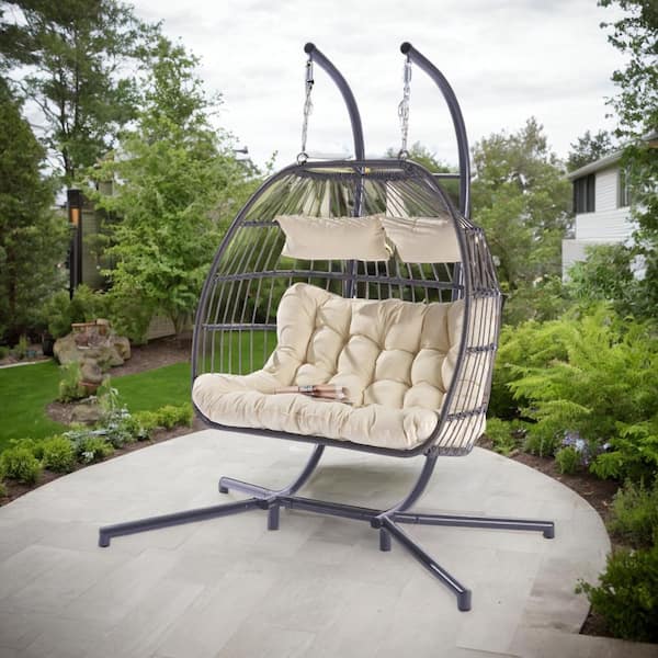 Unbranded 2-Person Outdoor Rattan Hanging Chair Patio Wicker Egg Chair