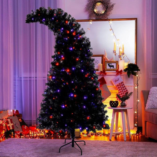 Black 6 ft. Artificial Christmas Tree with LED Light, Pre-Lit Curved Shape Artificial Whimsical Xmas Tree with 900 Tips