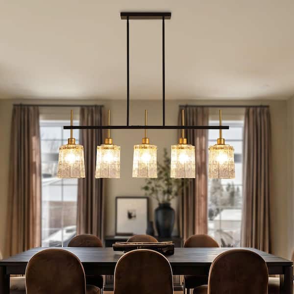 5-Light Farmhouse Gold Chandelier with Glass Shape Over Table Kitchen Island Lighting for Dining Room
