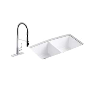 Brookfield All-in-One Undermount Cast Iron 33 in. Double Bowl Kitchen Sink in White with Simplice Kitchen Faucet