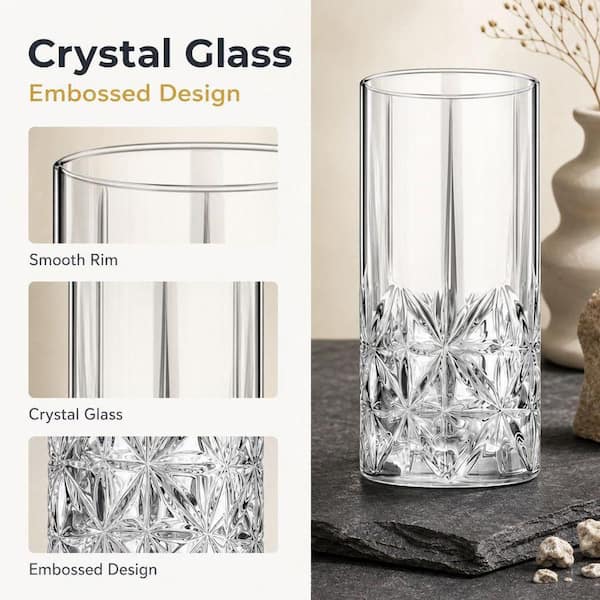 Wudkey 12 oz. Tall Highball Glasses Set of 12, Vintage Glassware for Cocktail Tea Water Beer Soda Beverages, Dishwasher Safe