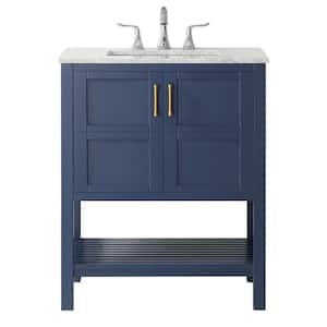 Florence 30 in. Bath Vanity in Blue with Marble Vanity Top in White with White Basin