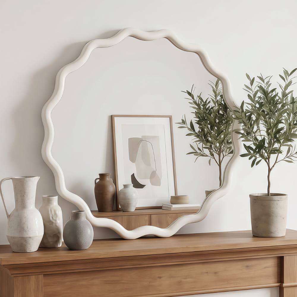 24 in. W x 24 in. H White Solid Wood Wavy Round Wall Mirror for Bathroom and Entryway price history on PriceWatchPro