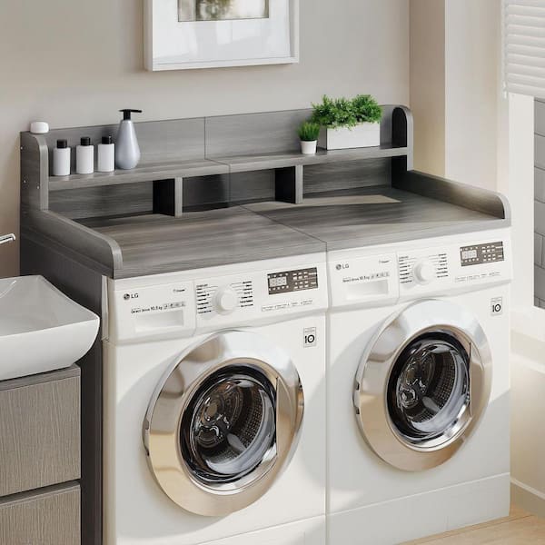 Grey Stripe Wood Washer Dryer Countertop, Storage Shelf with Rounded Edge Rails for Kitchen Laundry Room Organization