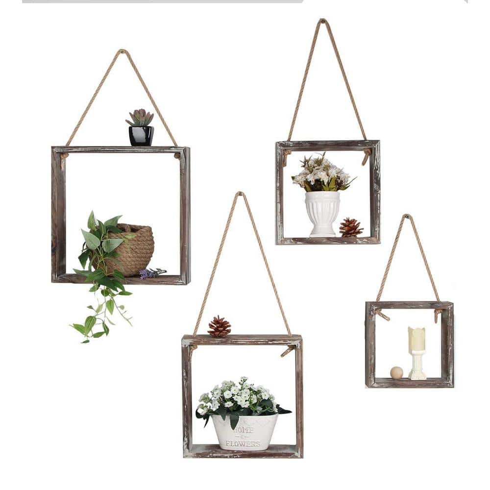Set of Floating Hanging Square Shelves Wall Mounted Rustic Wood Cube Display  Shelf Decorative Boho Home Decor PUP9Y1 The Home Depot