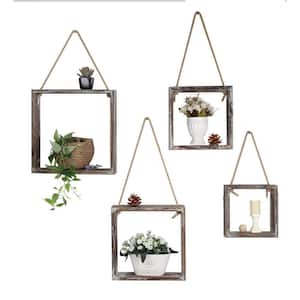 Set of 4 Floating Hanging Square Shelves Wall Mounted Rustic Wood Cube Display Shelf Decorative Boho Home Decor
