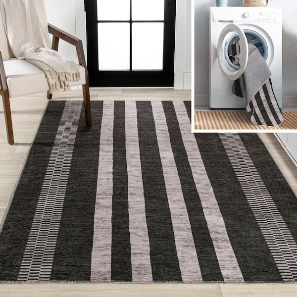 JONATHAN Y Vichy Geometric Striped Machine-Washable Black/Ivory 4 ft. x 6 ft. Area Rug