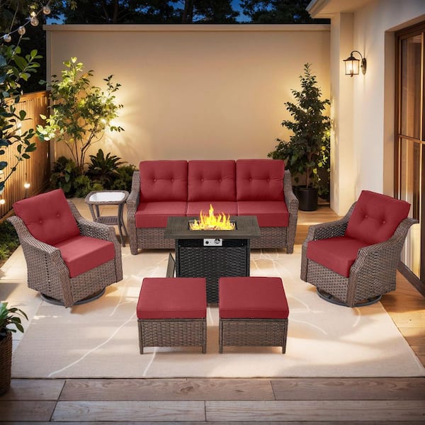 Modern Farmhouse 7-Piece Square Brown Wicker Fire Pit Conversation Set with Red Cushions and Patio Swivel Chairs