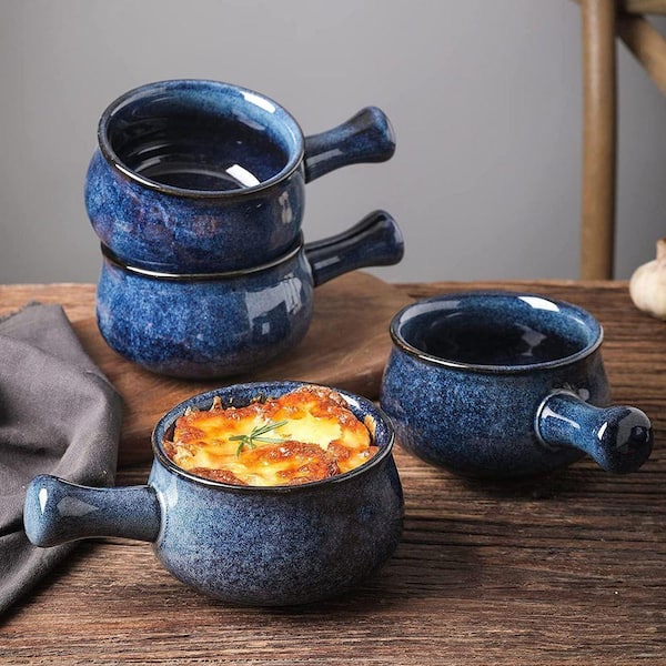 JFVKAF 4-Piece Blue Porcelain Onion Soup Bowls Set with Handles