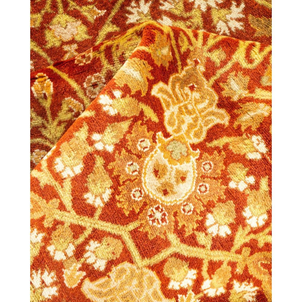 Hand-Knotted Round Oriental Wool Rug in Orange and Beige