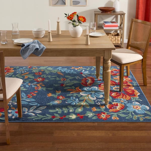 Hibiscus Bloom Blue/Red 5 ft. x 7 ft. Floral Modern Indoor/Outdoor Patio Area Rug