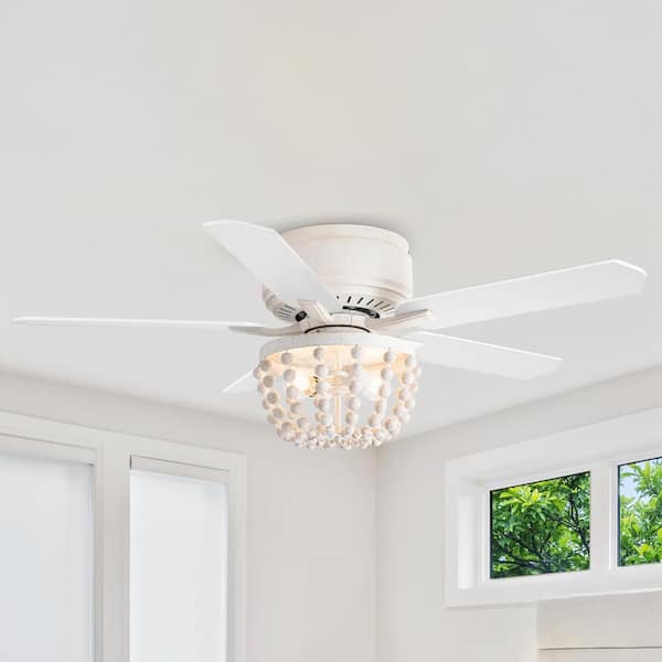 48 in. Indoor Farmhouse White Flush Mount Wood Bead Ceiling Fan with Light Kits and Remote