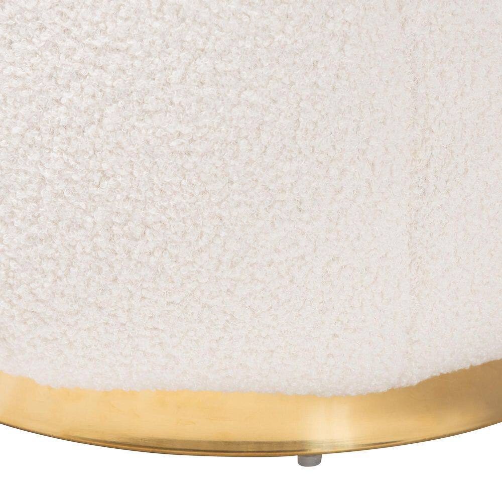 Ivory Boucle Upholstered Round Ottoman with Gold Metal Base